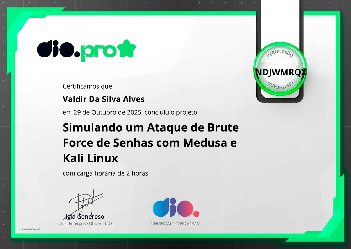 certificate of Simulando um Ataque de Brute Force de Senhas com Medusa e Kali Linux