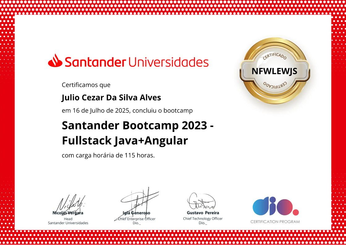 certificate of Santander Bootcamp 2023 - Fullstack Java+Angular