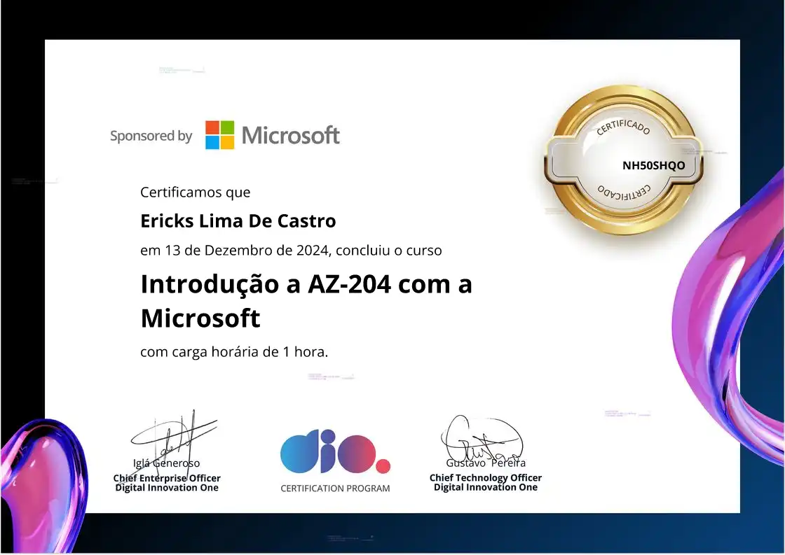 certificate of Introdução a AZ-204 com a Microsoft