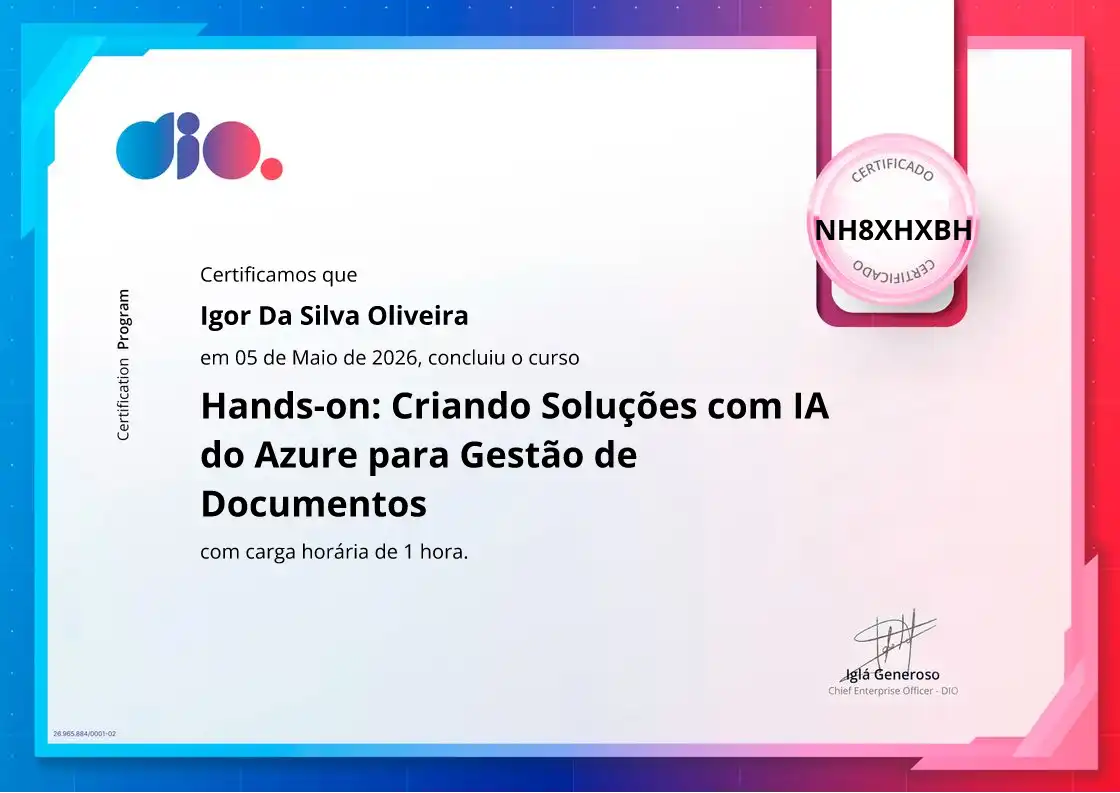 certificate of Hands-on: Criando Soluções com IA do Azure para Gestão de Documentos