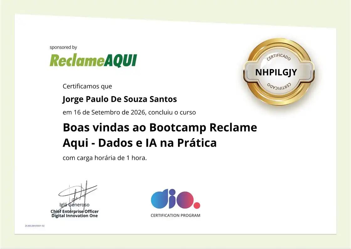 certificate of Boas vindas ao Bootcamp Reclame Aqui - Dados e IA na Prática