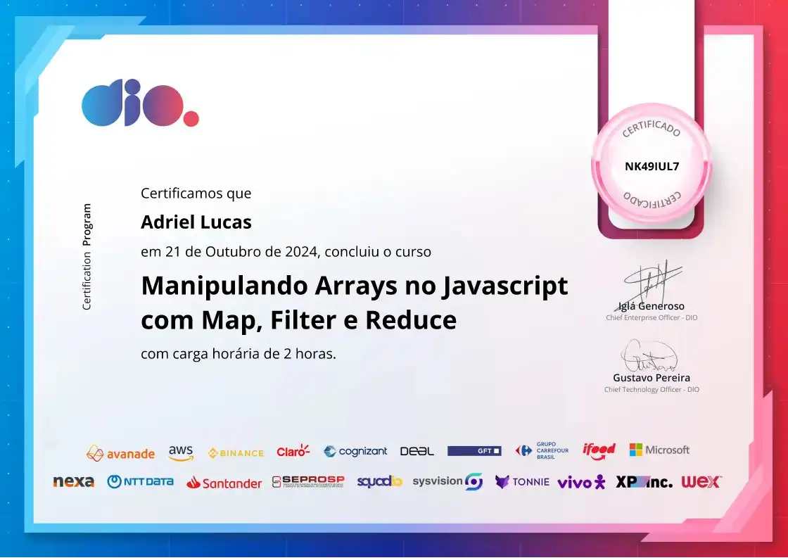 certificate of Manipulando Arrays no Javascript com Map, Filter e Reduce