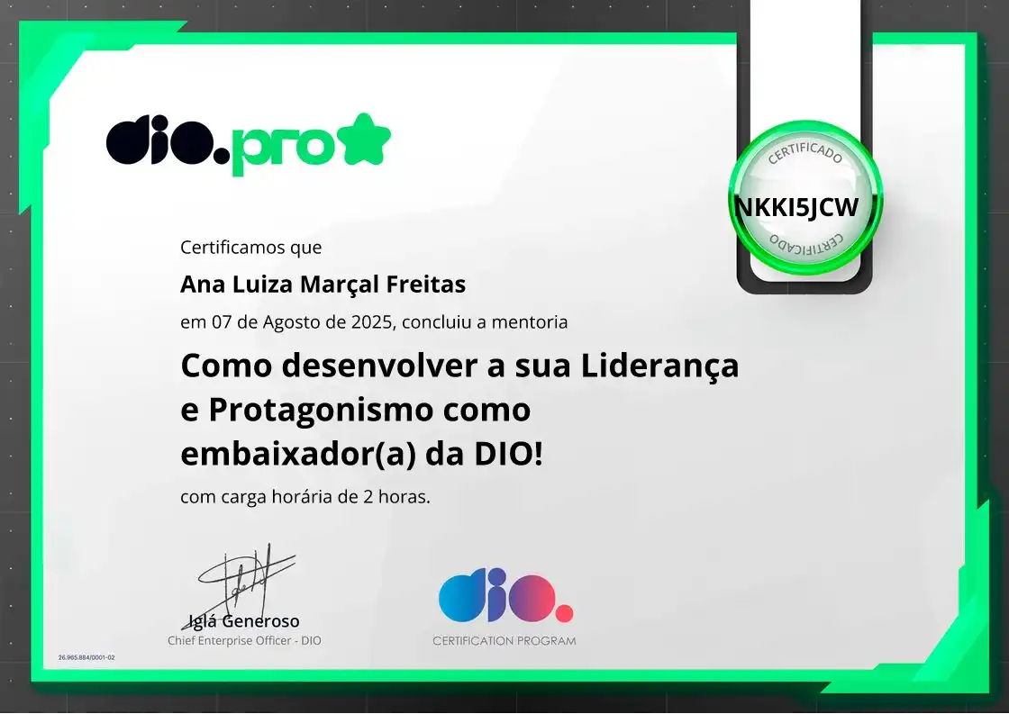 certificate of Como desenvolver a sua Liderança e Protagonismo como embaixador(a) da DIO!