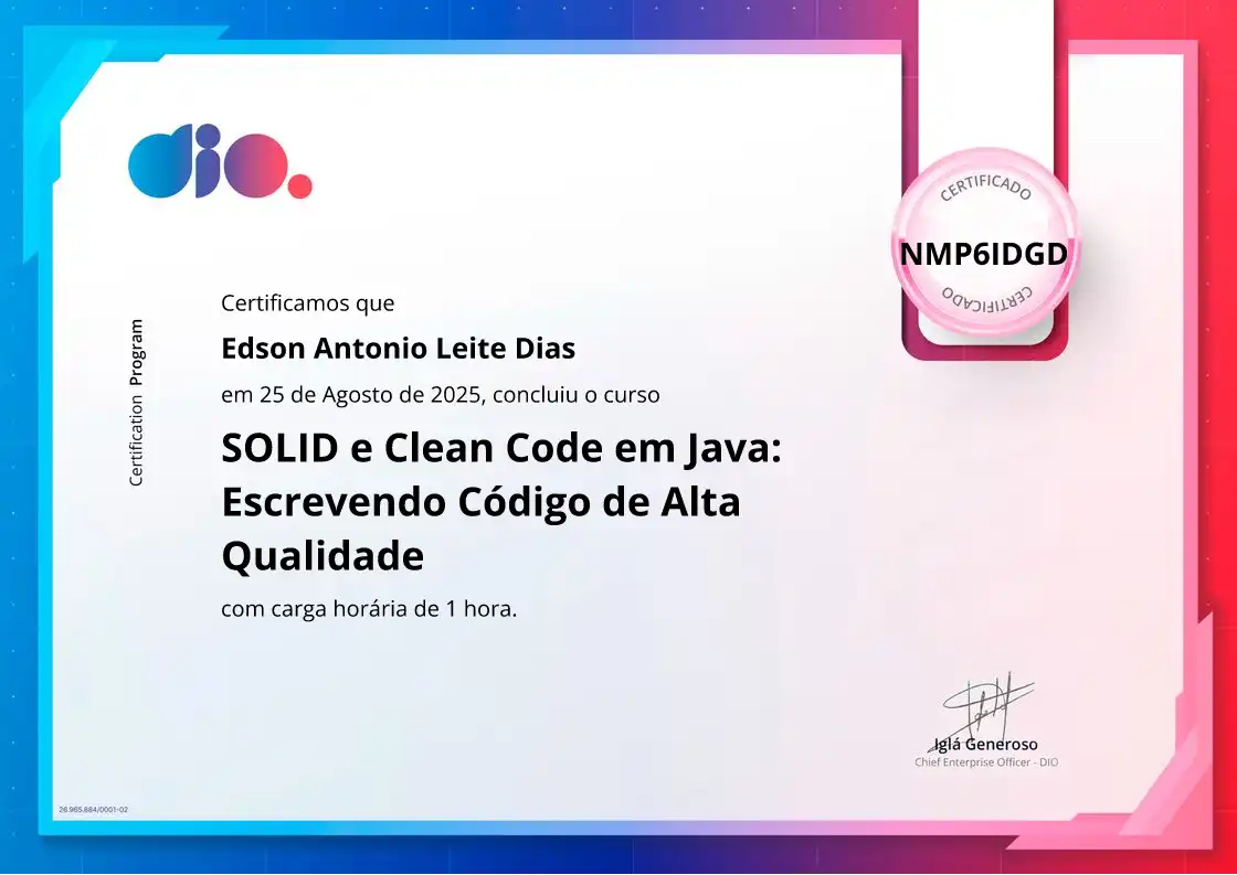 certificate of SOLID e Clean Code em Java: Escrevendo Código de Alta Qualidade