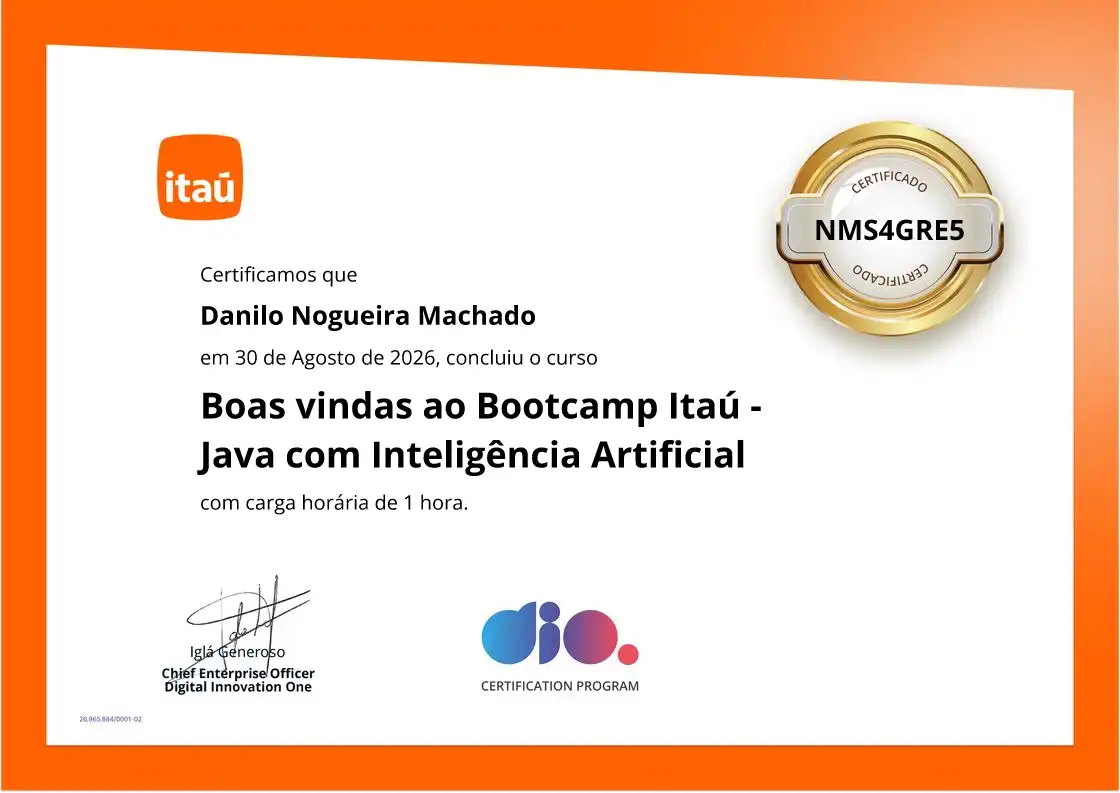 certificate of Boas vindas ao Bootcamp Itaú - Java com Inteligência Artificial