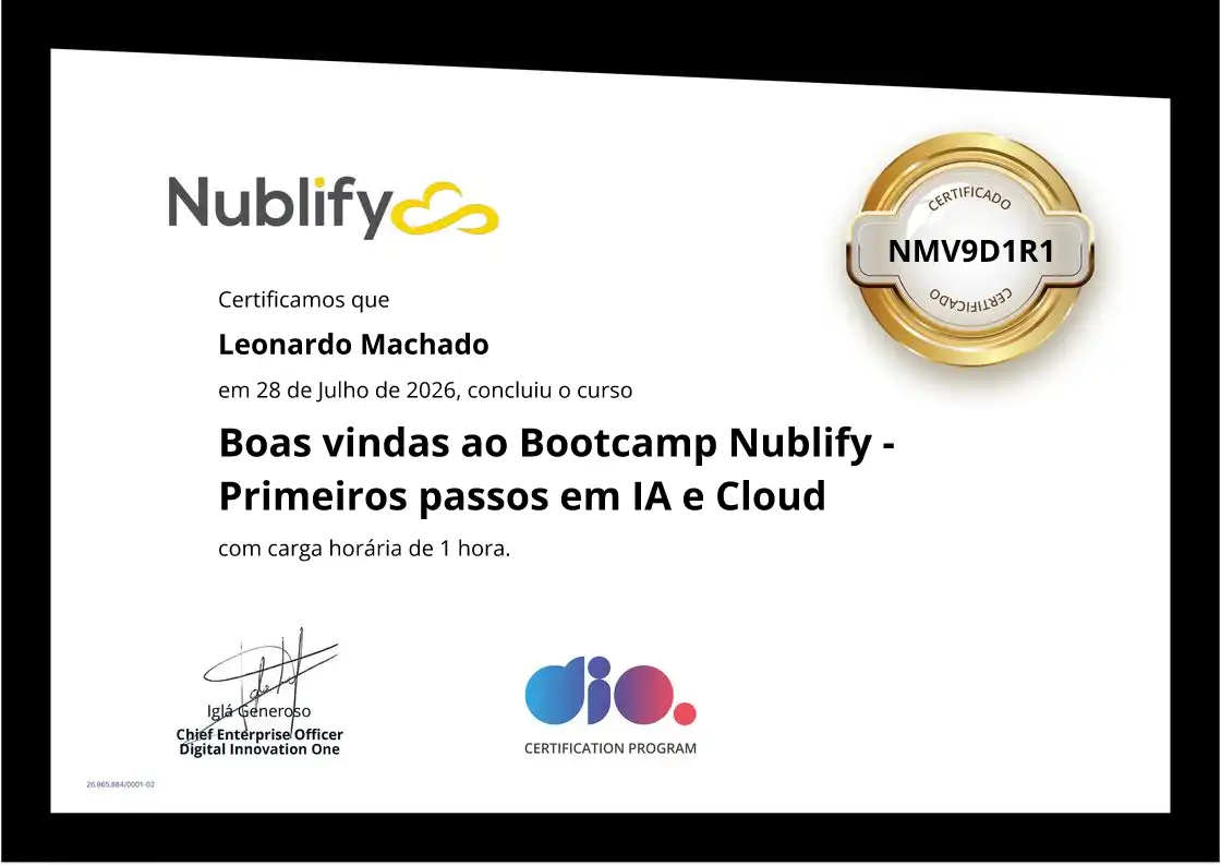 certificate of Boas vindas ao Bootcamp Nublify - Primeiros passos em IA e Cloud