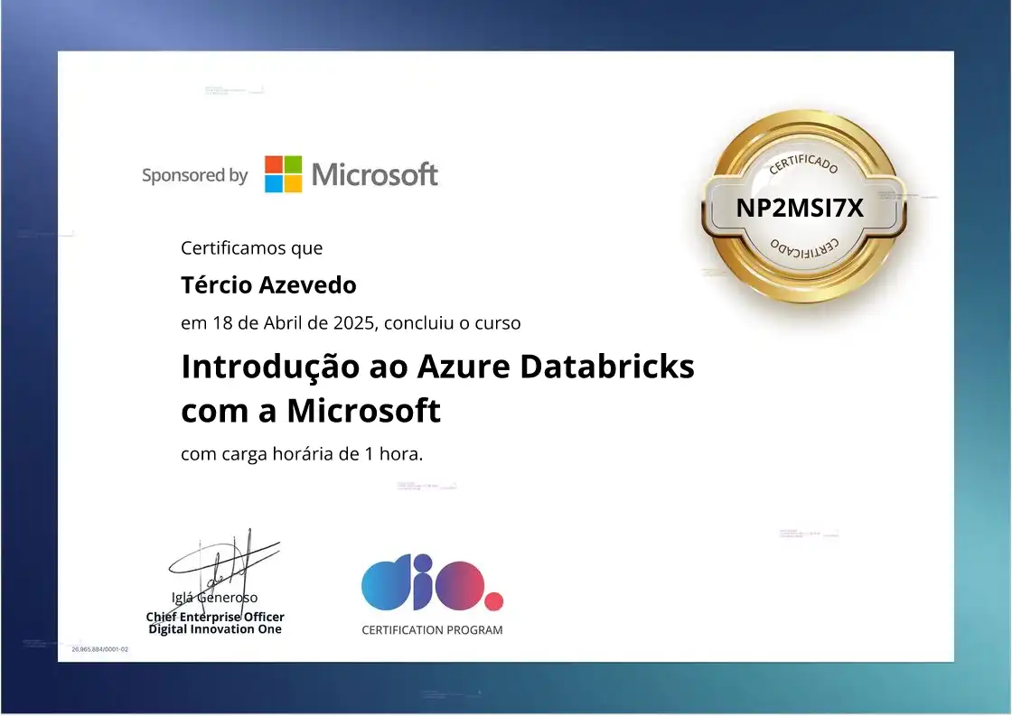 certificate of Introdução ao Azure Databricks com a Microsoft