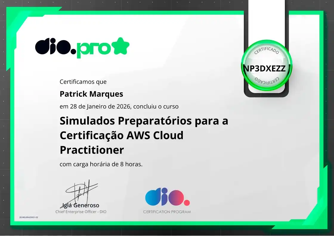 certificate of Simulados Preparatórios para a Certificação AWS Cloud Practitioner