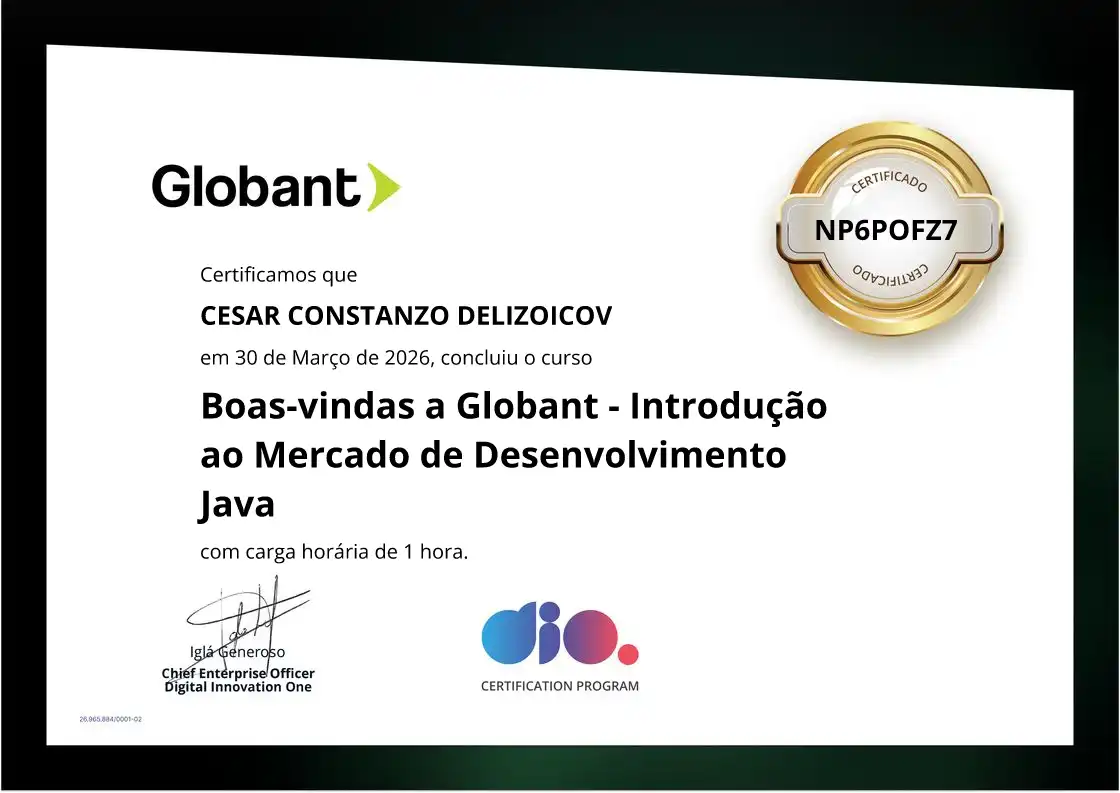 certificate of Boas-vindas a Globant - Introdução ao Mercado de Desenvolvimento Java