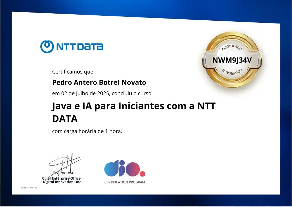 certificate of Java e IA para Iniciantes com a NTT DATA