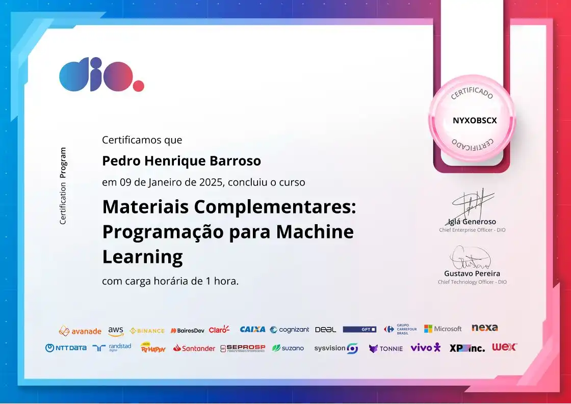 certificate of Materiais Complementares: Programação para Machine Learning