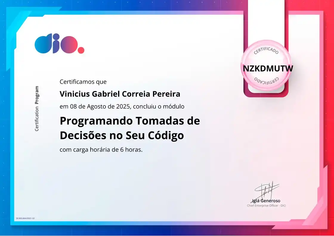 certificate of Programando Tomadas de Decisões no Seu Código
