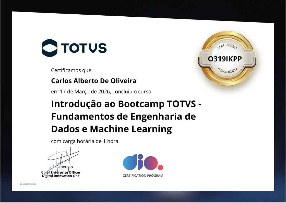 certificate of Introdução ao Bootcamp TOTVS - Fundamentos de Engenharia de Dados e Machine Learning