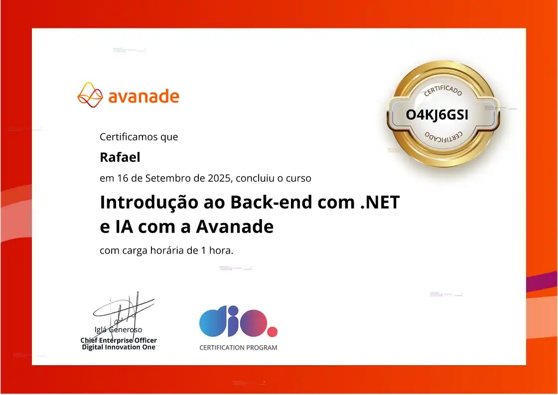 certificate of Introdução ao Back-end com .NET e IA com a Avanade