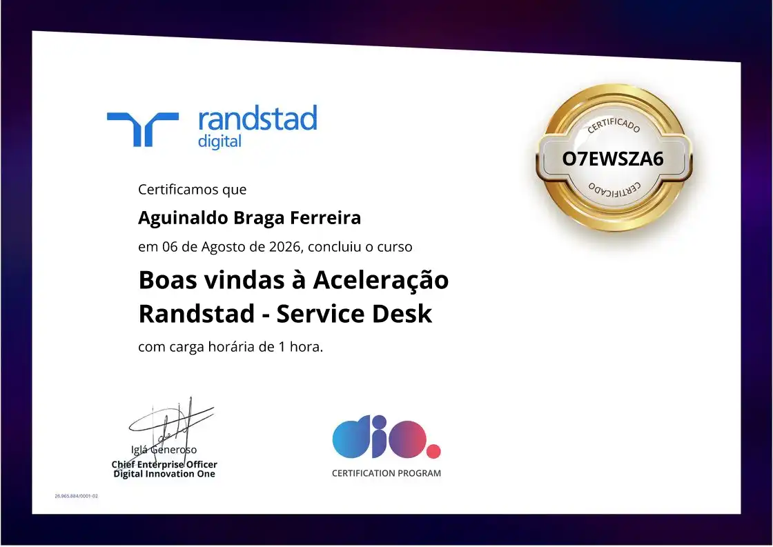 certificate of Boas vindas à Aceleração Randstad - Service Desk