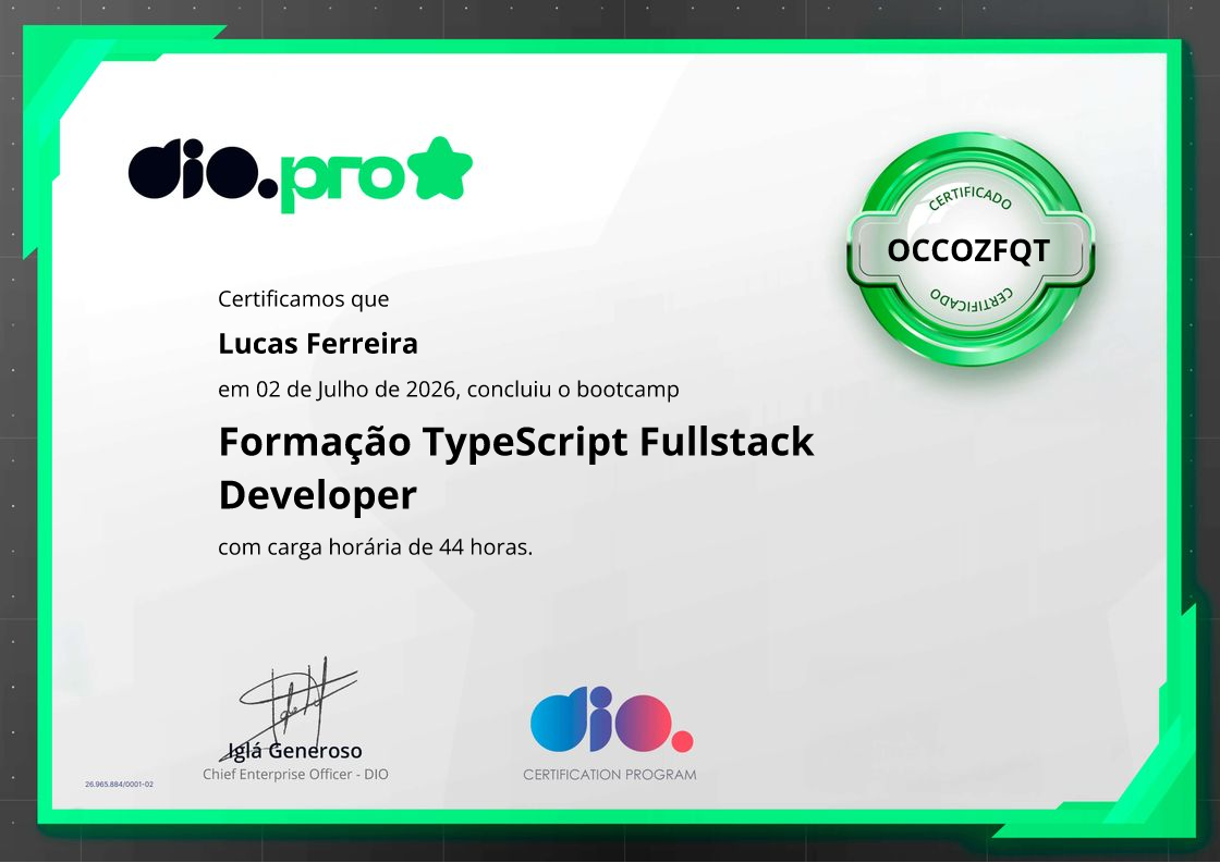 certificate of Formação TypeScript Fullstack Developer