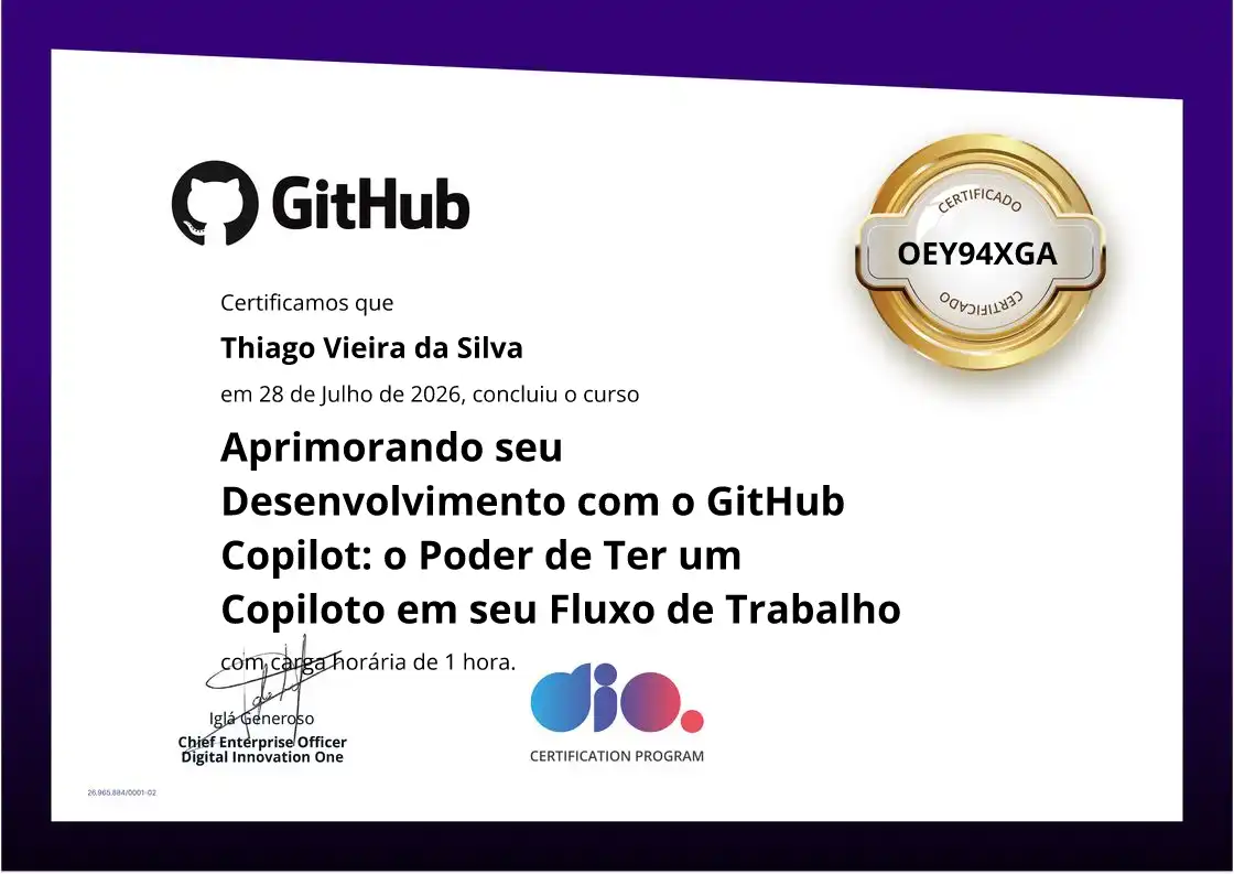 certificate of Aprimorando seu Desenvolvimento com o GitHub Copilot: o Poder de Ter um Copiloto em seu Fluxo de Trabalho
