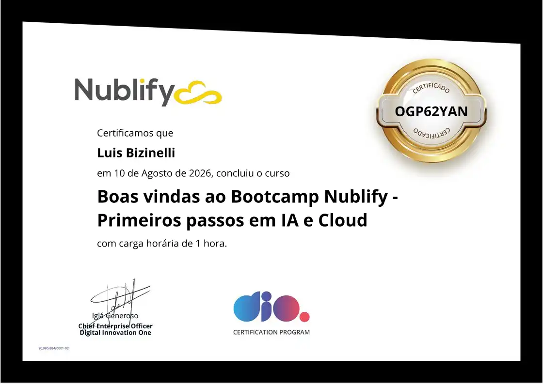 certificate of Boas vindas ao Bootcamp Nublify - Primeiros passos em IA e Cloud