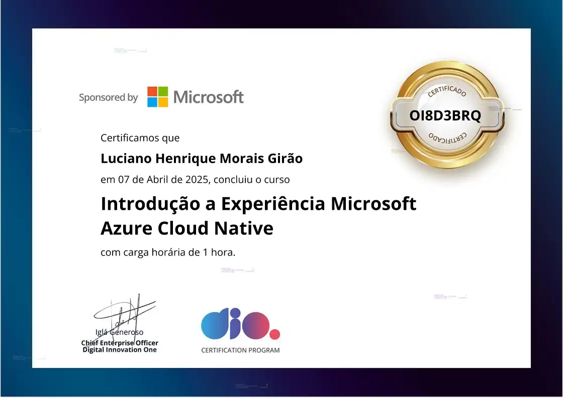 certificate of Introdução a Experiência Microsoft Azure Cloud Native
