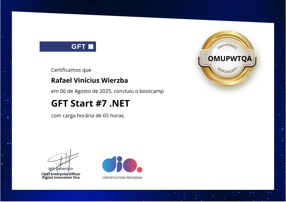 certificate of GFT Start #7 .NET