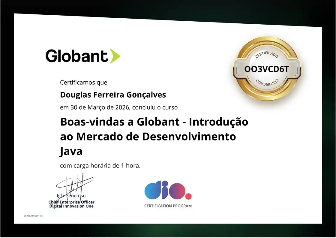 certificate of Boas-vindas a Globant - Introdução ao Mercado de Desenvolvimento Java