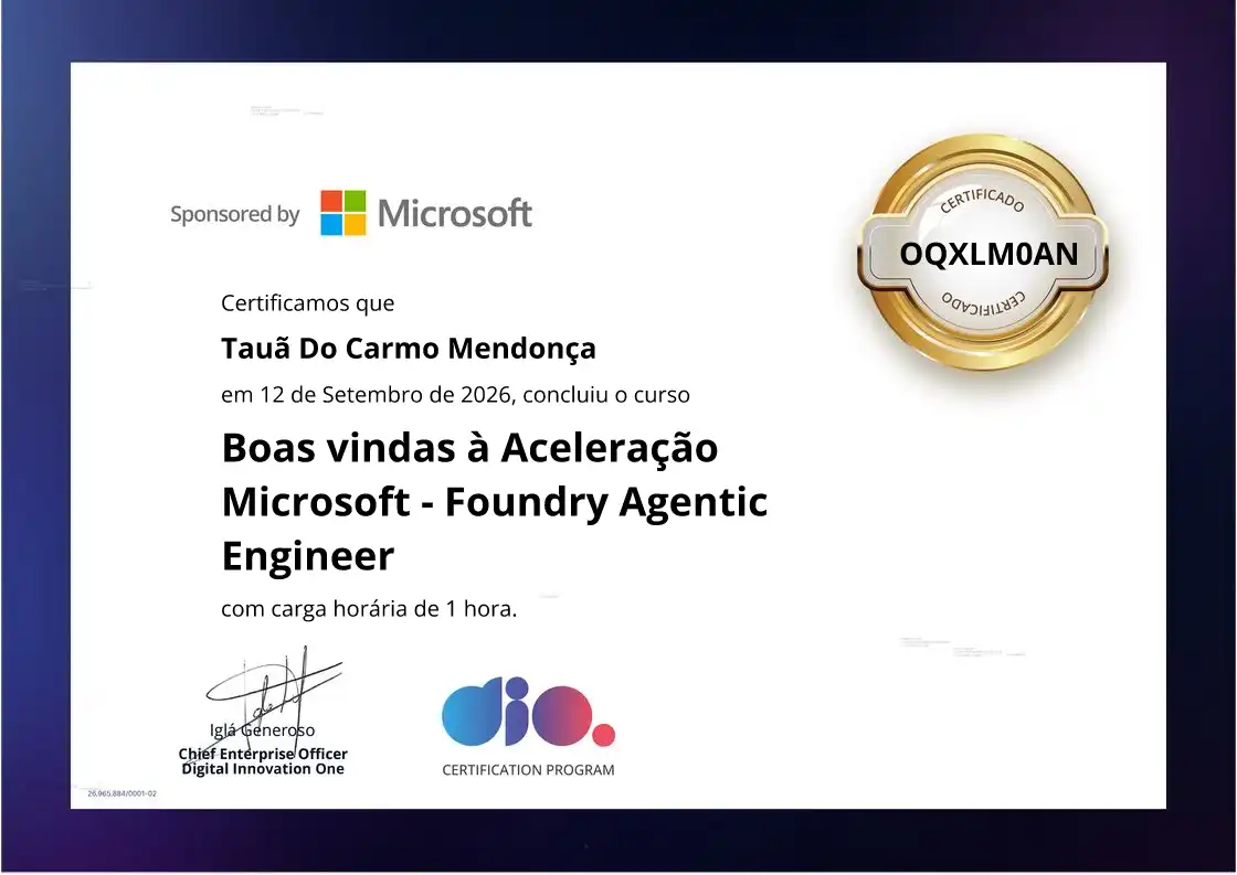 certificate of Boas vindas à Aceleração Microsoft - Foundry Agentic Engineer