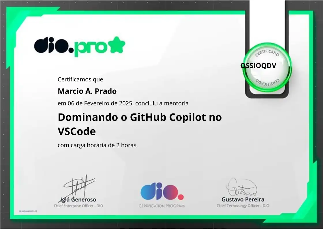 certificate of Dominando o GitHub Copilot no VSCode