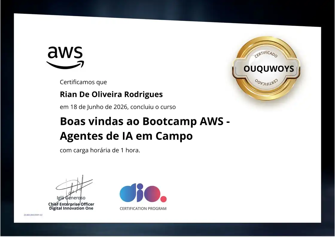 certificate of Boas vindas ao Bootcamp AWS - Agentes de IA em Campo