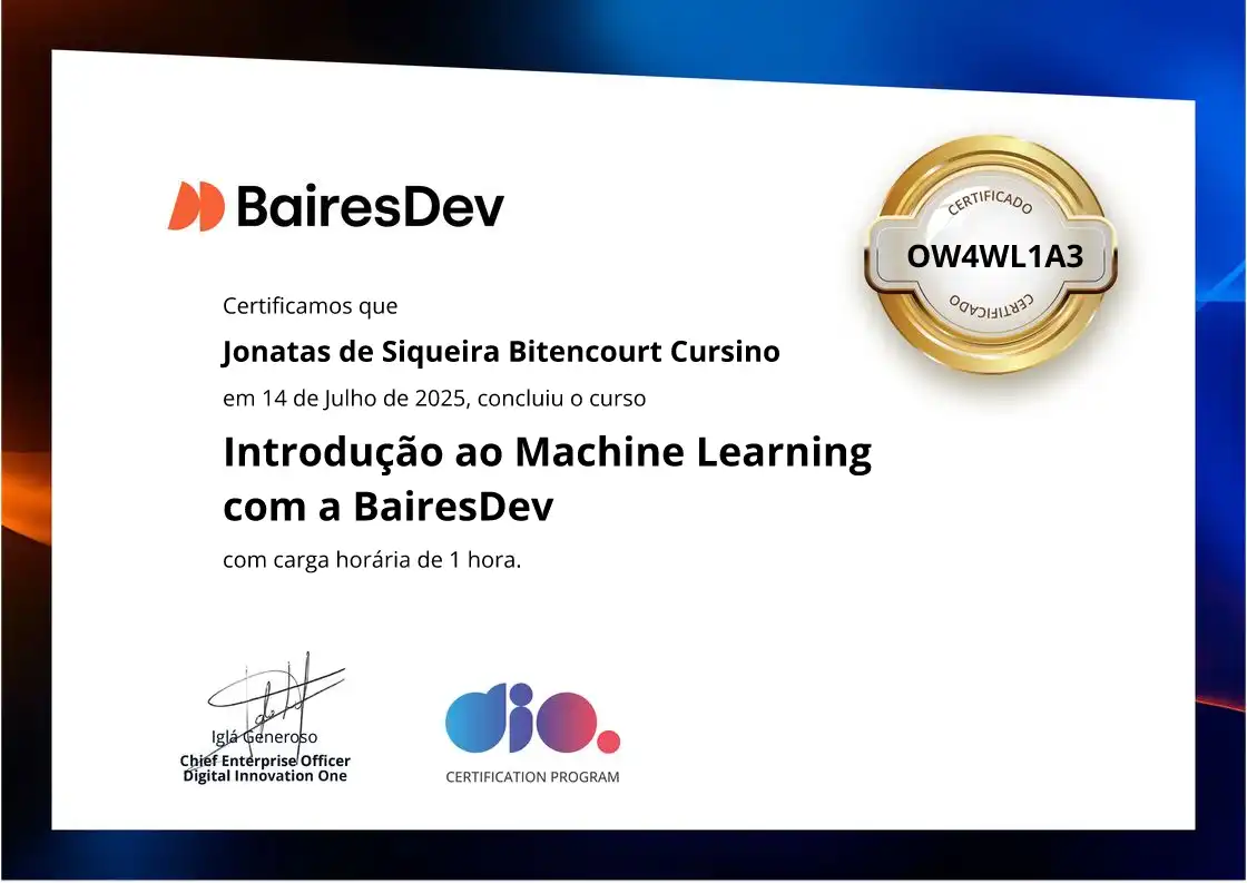 certificate of Introdução ao Machine Learning com a BairesDev