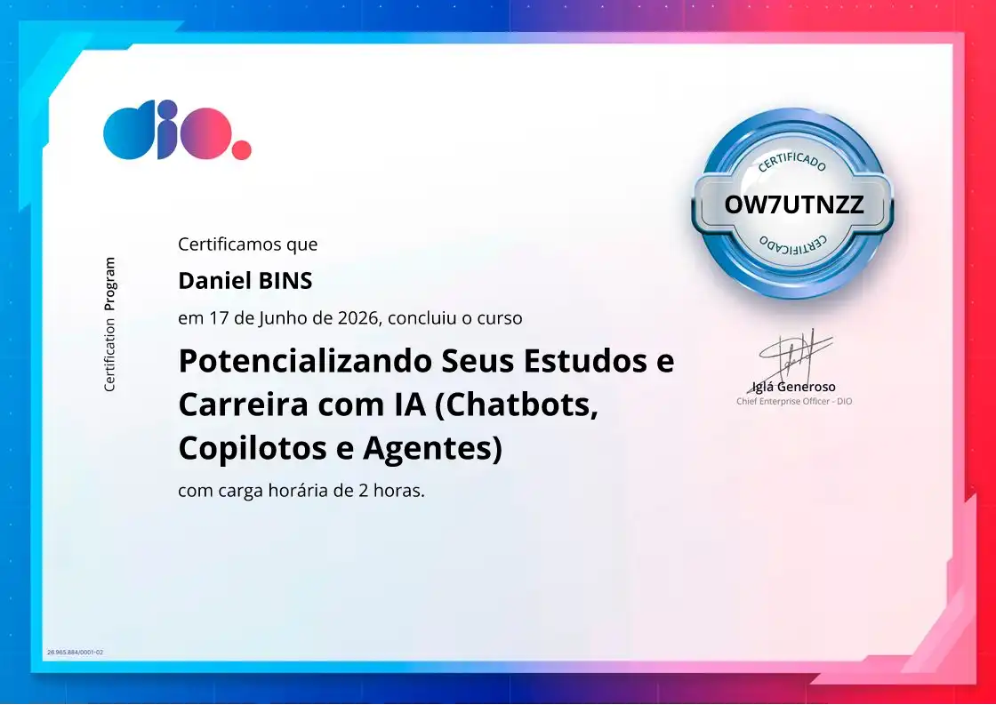 certificate of Potencializando Seus Estudos e Carreira com IA (Chatbots, Copilotos e Agentes)