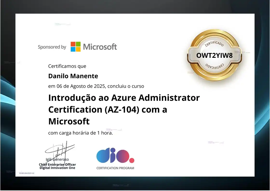 certificate of Introdução ao Azure Administrator Certification (AZ-104) com a Microsoft