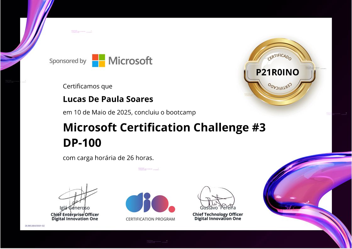 certificate of Microsoft Certification Challenge #3 DP-100