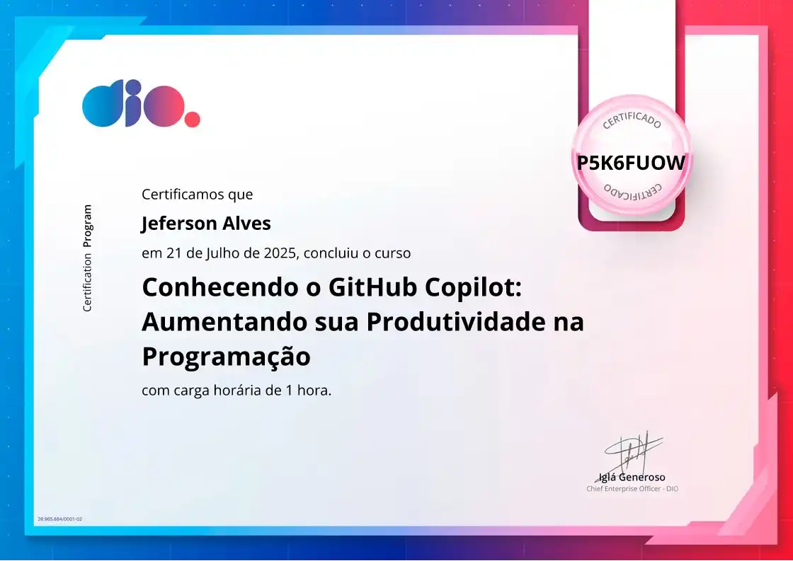 certificate of Conhecendo o GitHub Copilot: Aumentando sua Produtividade na Programação