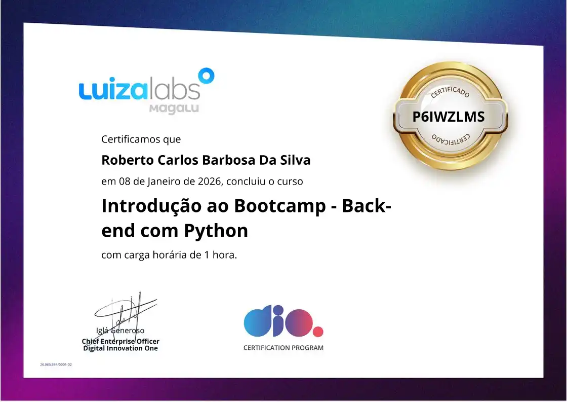 certificate of Introdução ao Bootcamp - Back-end com Python