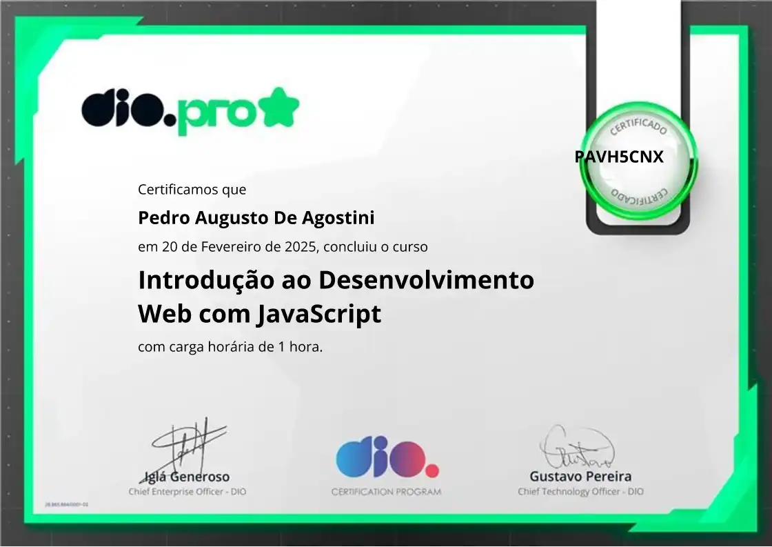 certificate of Introdução ao Desenvolvimento Web com JavaScript
