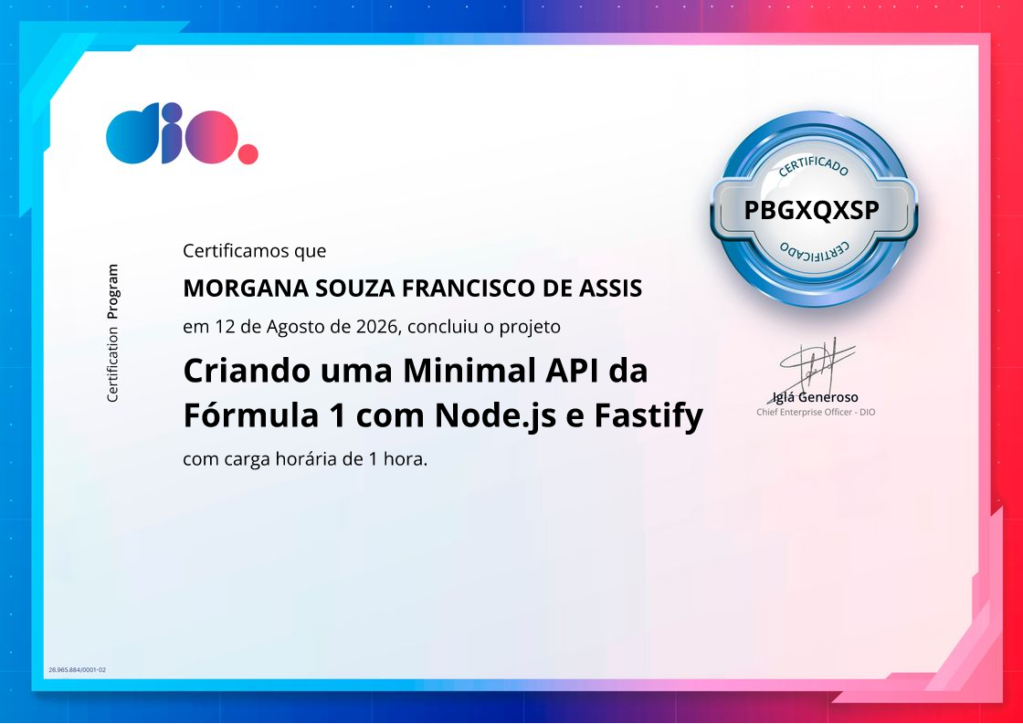 certificate of Criando uma Minimal API da Fórmula 1 com Node.js e Fastify