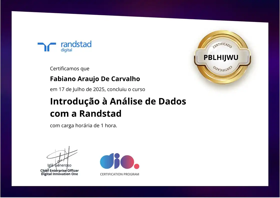 certificate of Introdução à Análise de Dados com a Randstad
