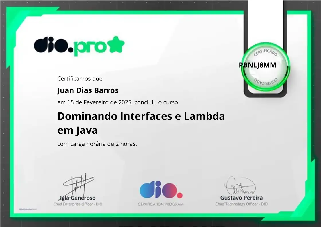 certificate of Dominando Interfaces e Lambda em Java