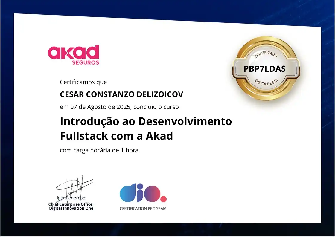 certificate of Introdução ao Desenvolvimento Fullstack com a Akad