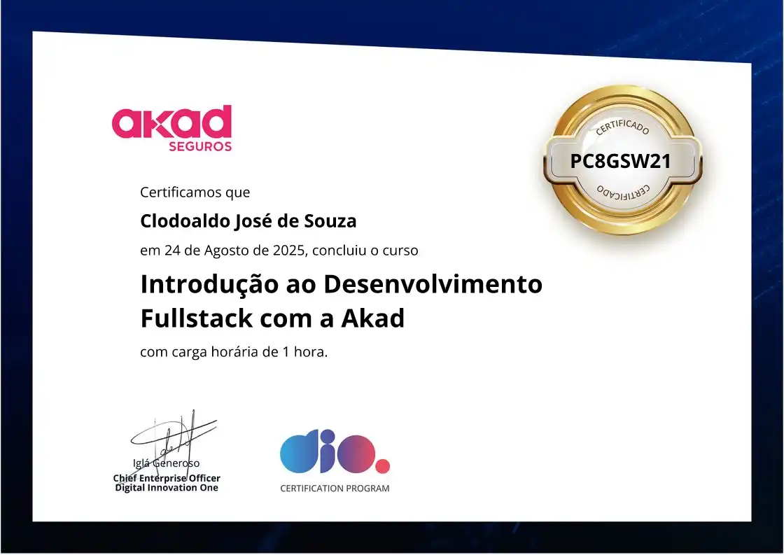 certificate of Introdução ao Desenvolvimento Fullstack com a Akad