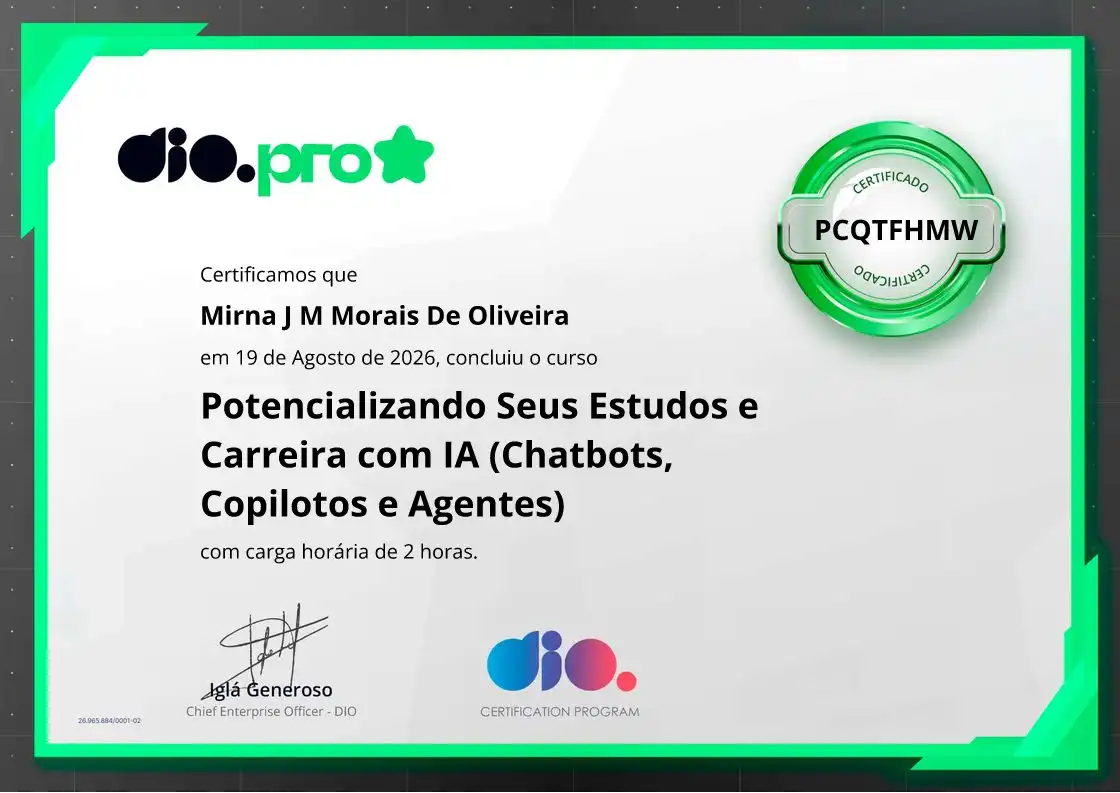 certificate of Potencializando Seus Estudos e Carreira com IA (Chatbots, Copilotos e Agentes)