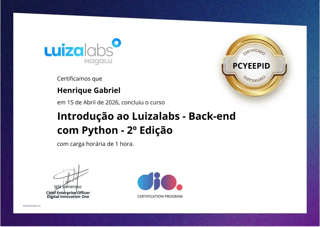 certificate of Introdução ao Luizalabs - Back-end com Python - 2º Edição