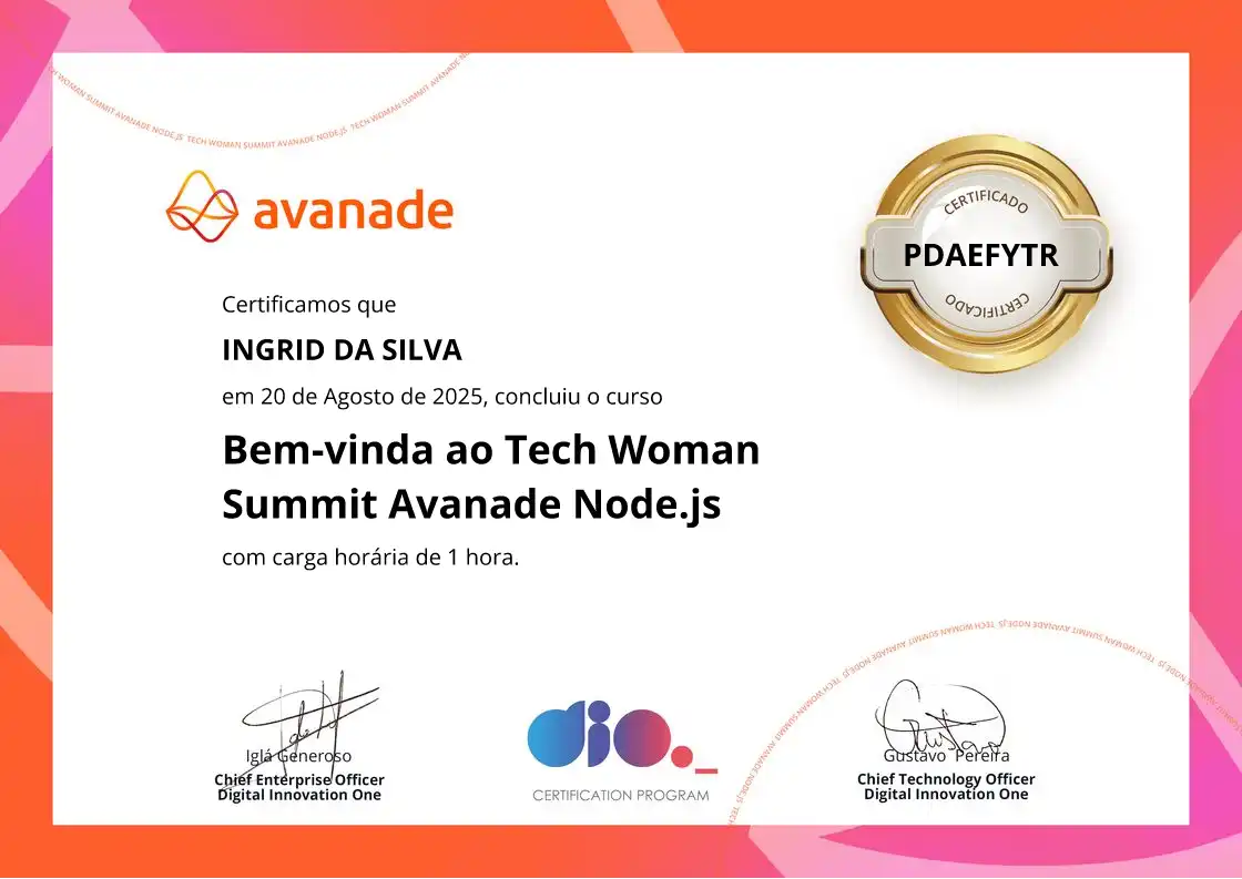 certificate of Bem-vinda ao Tech Woman Summit Avanade Node.js