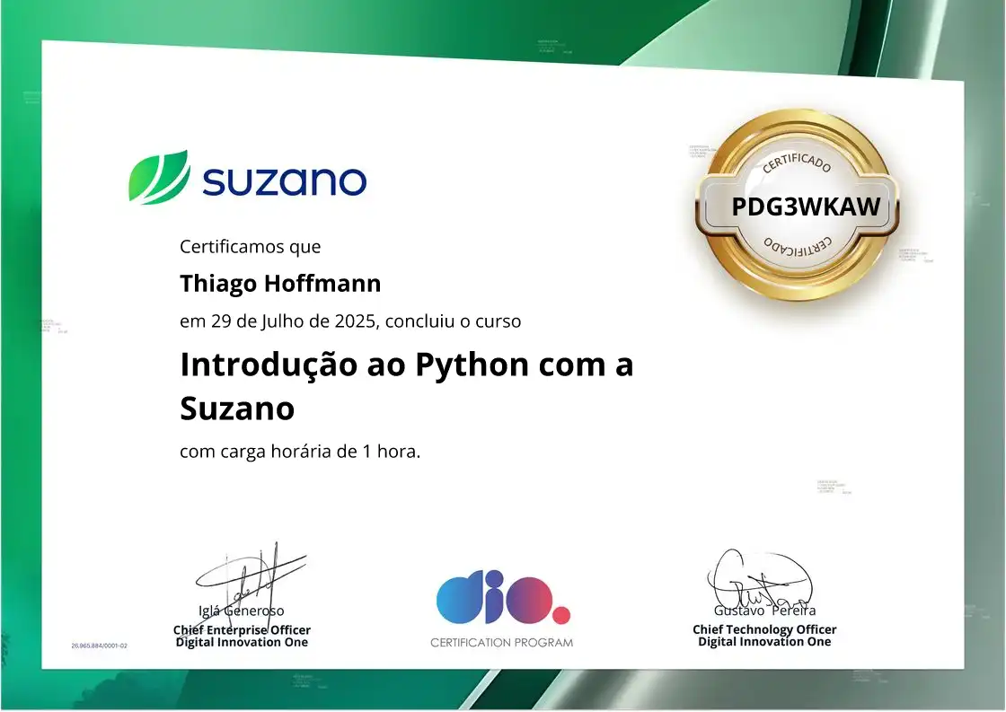 certificate of Introdução ao Python com a Suzano
