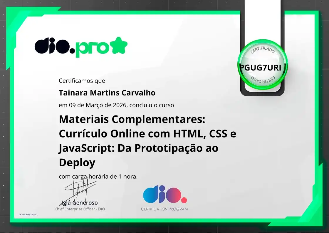 certificate of Materiais Complementares: Currículo Online com HTML, CSS e JavaScript: Da Prototipação ao Deploy