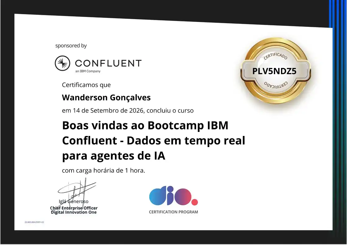 certificate of Boas vindas ao Bootcamp IBM Confluent - Dados em tempo real para agentes de IA