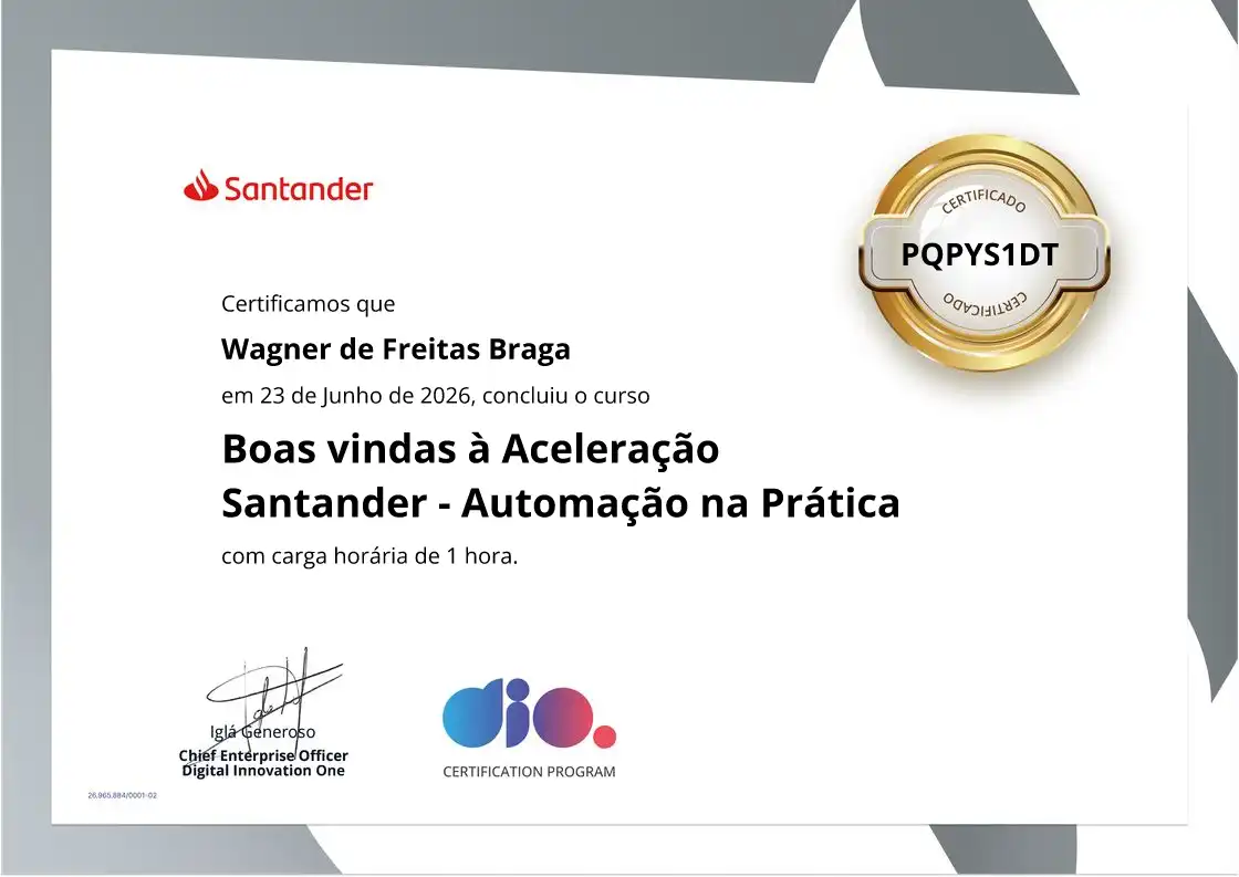 certificate of Boas vindas à Aceleração Santander - Automação na Prática