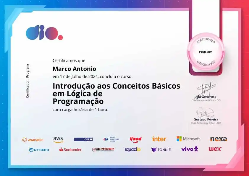 certificate of Introdução aos Conceitos Básicos em Lógica de Programação