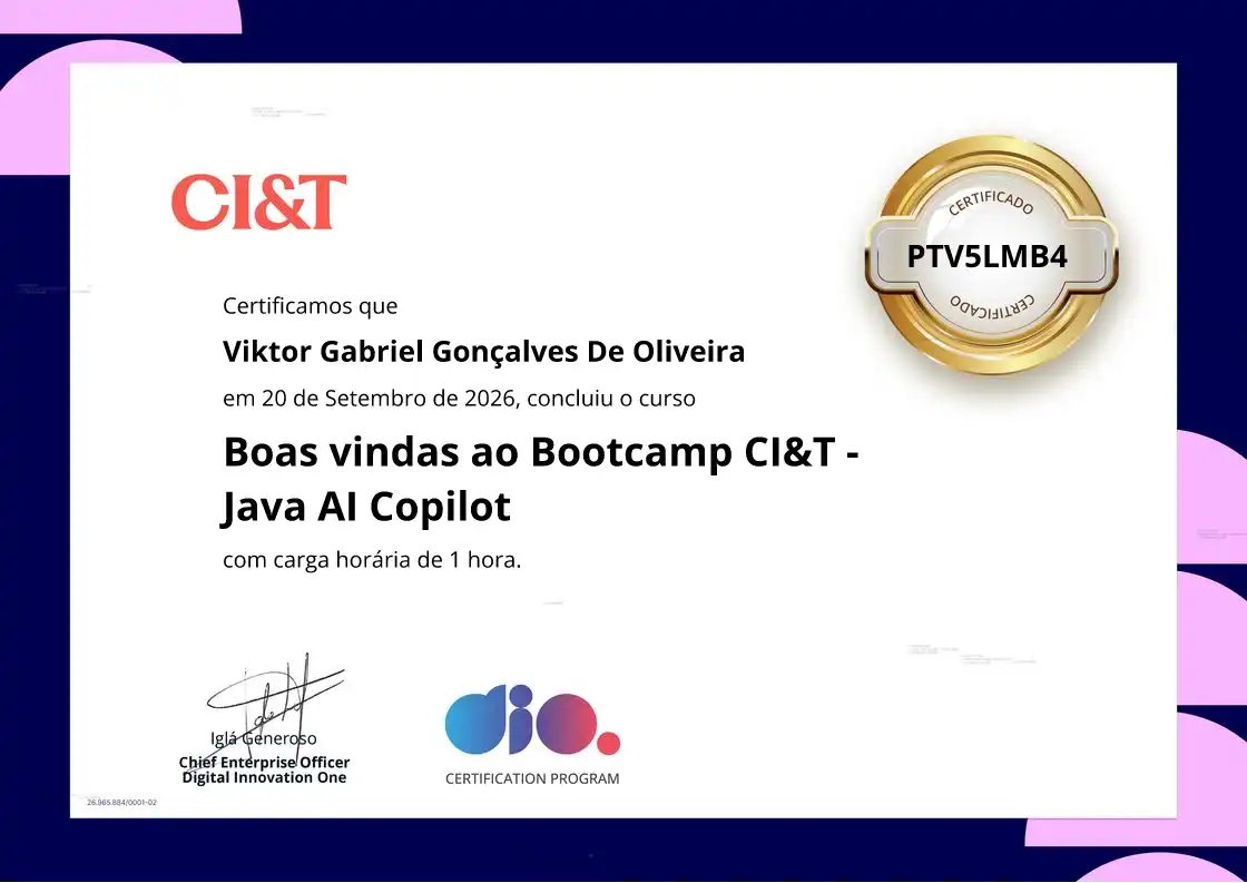 certificate of Boas vindas ao Bootcamp CI&T - Java AI Copilot
