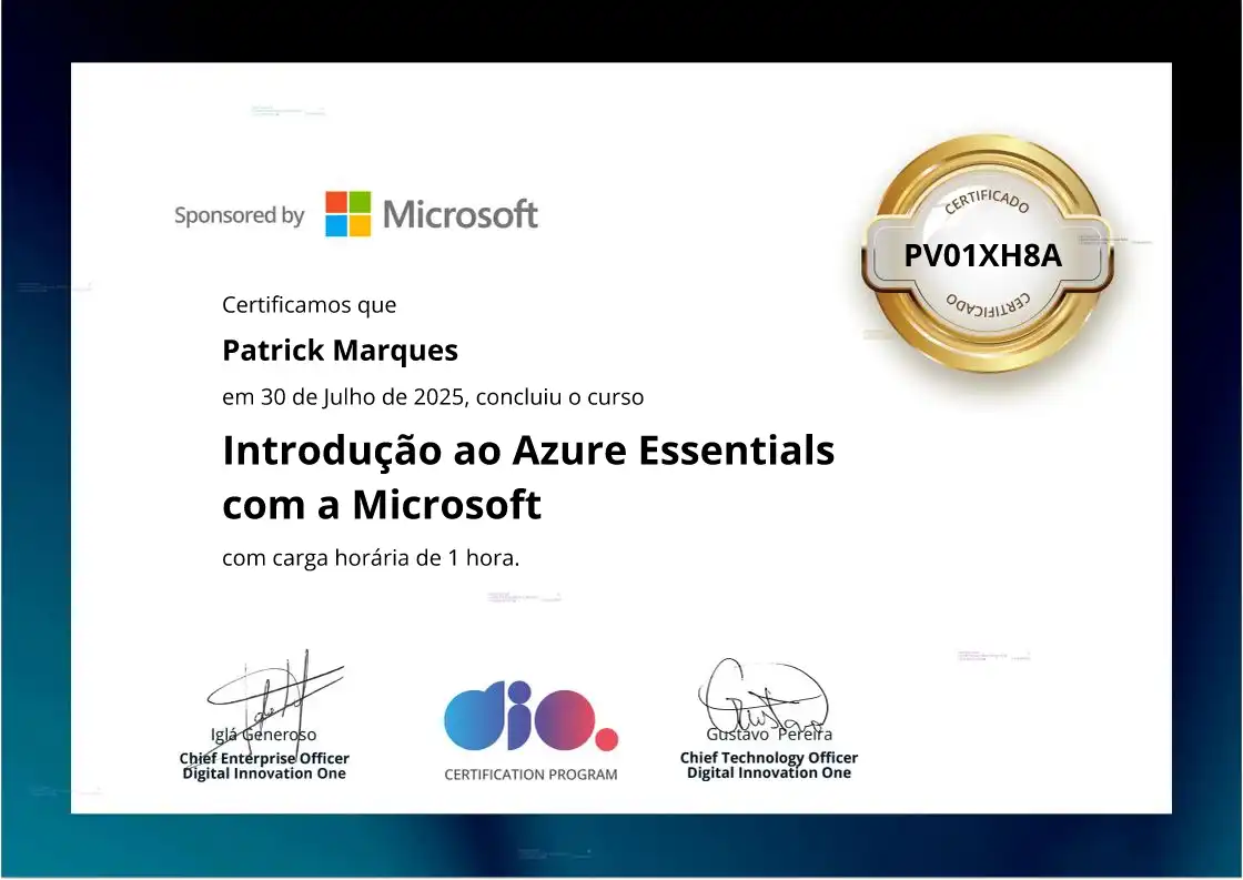 certificate of Introdução ao Azure Essentials com a Microsoft